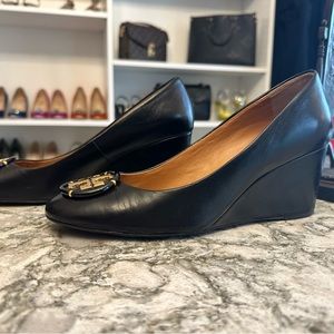 Tory Burch Benton Wedge Royal Black/Gold Logo Leather Heels